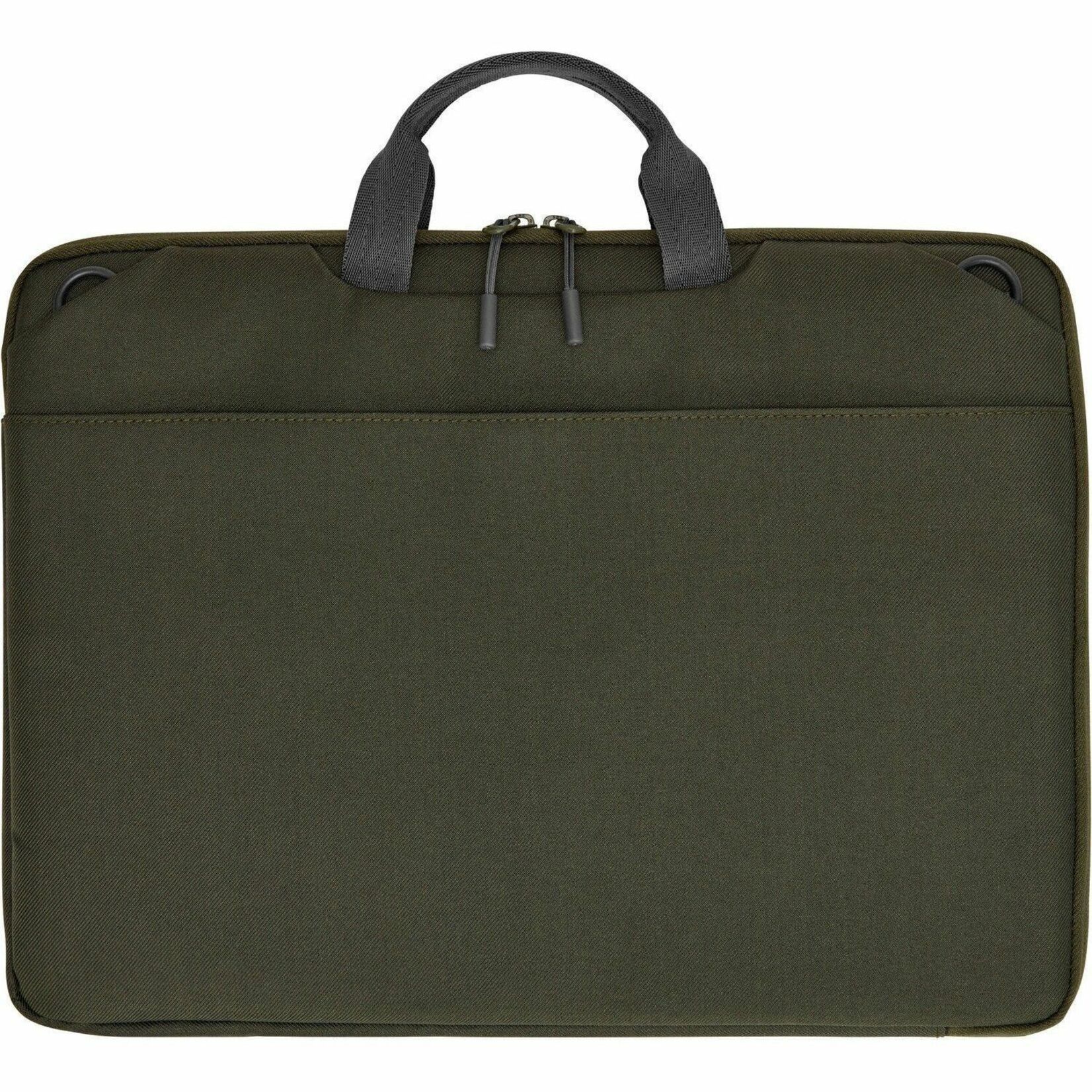HP Carrying Case (Sleeve) for 14" to 14.1" Notebook - Gray, Green - Water Resistant - Plastic, Polyethylene Foam Body - Handle, Shoulder Strap - 10.2" Height x 14" Width x 0.9" Depth - 1.06 gal Volume Capacity — rear