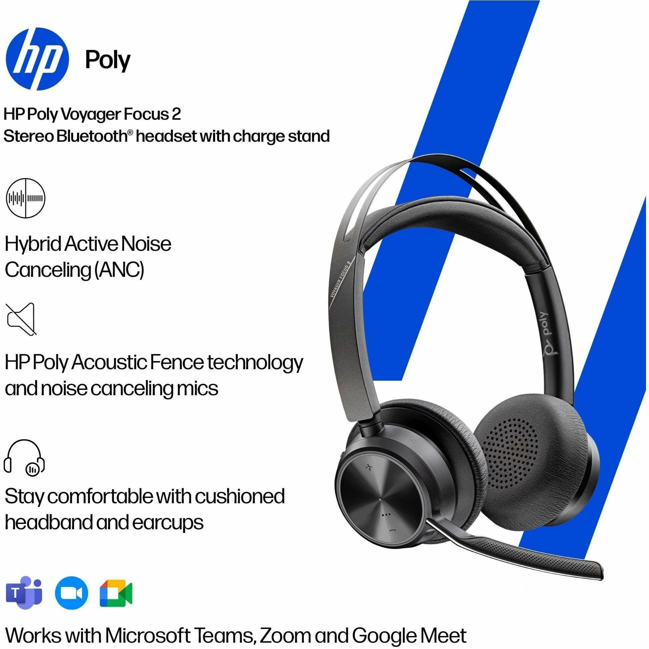 Poly Voyager Focus 2 Headset - Microsoft Teams Certification - Google Assistant, Siri - Stereo - USB Type C - Wired/Wireless - Bluetooth - 298.6 ft - 20 Hz to 20 kHz - Over-the-head, On-ear - Binaural - Supra-aural - 4" Cable - Omni-directional, Discreet, Noise Cancelling Microphone - Noise Canceling - Black — alternate image1