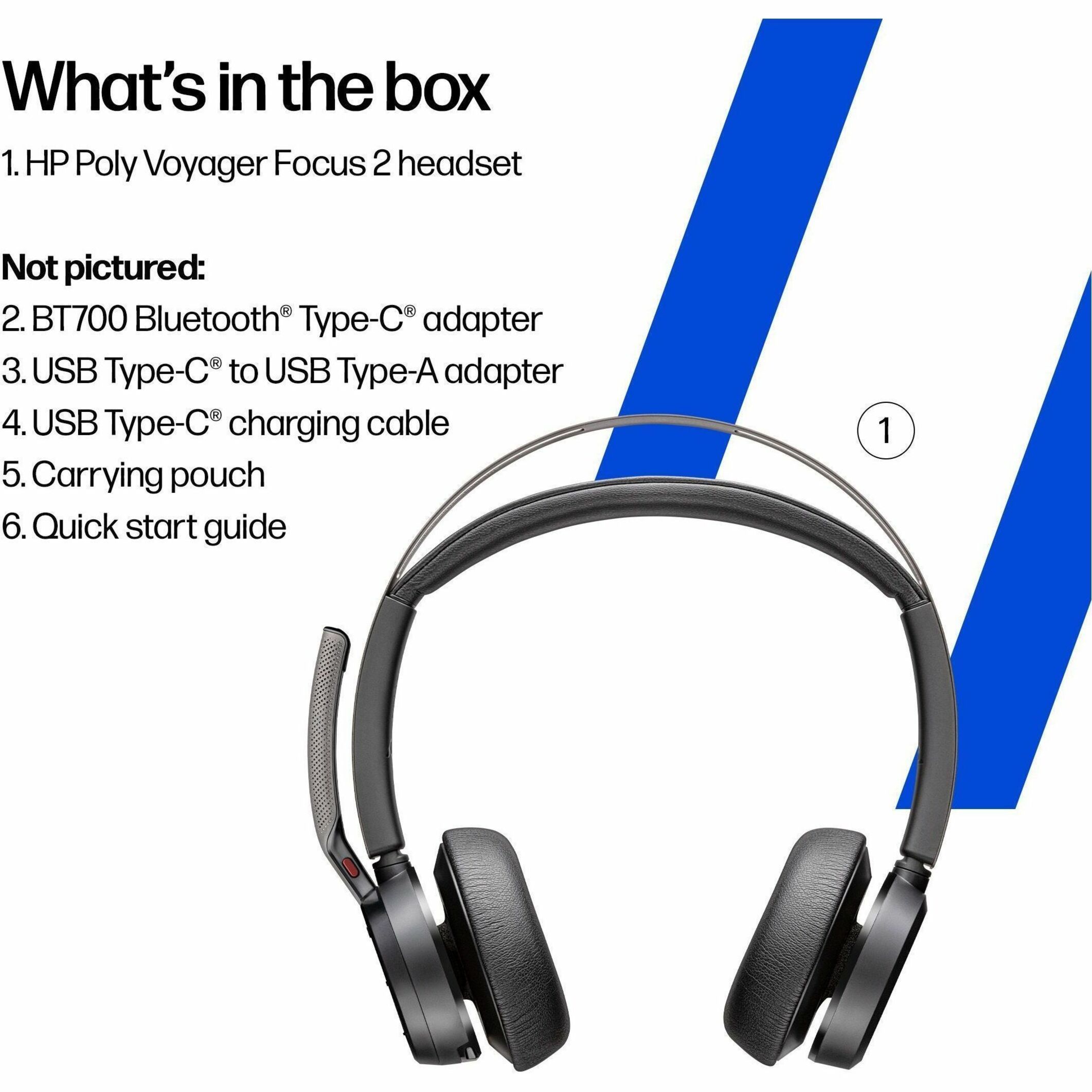 Poly Voyager Focus 2 Headset - Microsoft Teams Certification - Google Assistant, Siri - Stereo - USB Type C - Wired/Wireless - Bluetooth - 298.6 ft - 20 Hz to 20 kHz - Over-the-head, On-ear - Binaural - Supra-aural - 4" Cable - Omni-directional, Discreet, Noise Cancelling Microphone - Noise Canceling - Black — alternate image5
