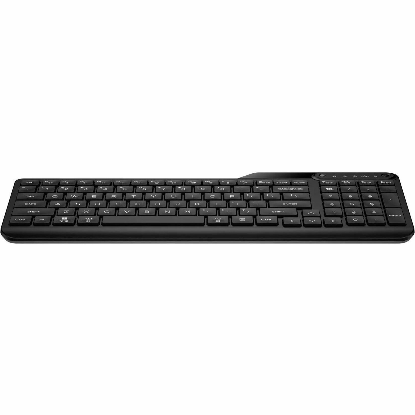 HP 460 Multi-Device Bluetooth Keyboard - Wireless Connectivity - Bluetooth - Compact - 5.3 - 32.81 ft - Microphone Mute, Emoji, Language Switch Hot Key(s) - Windows 10, Windows 11, Mac OS, ChromeOS - English (US) - Desktop Computer, Tablet, Mobile Device - PC, Mac - Recycled Plastic - Plunger Keyswitch - AAA Battery Size Supported - Jack Black — frontmaximum