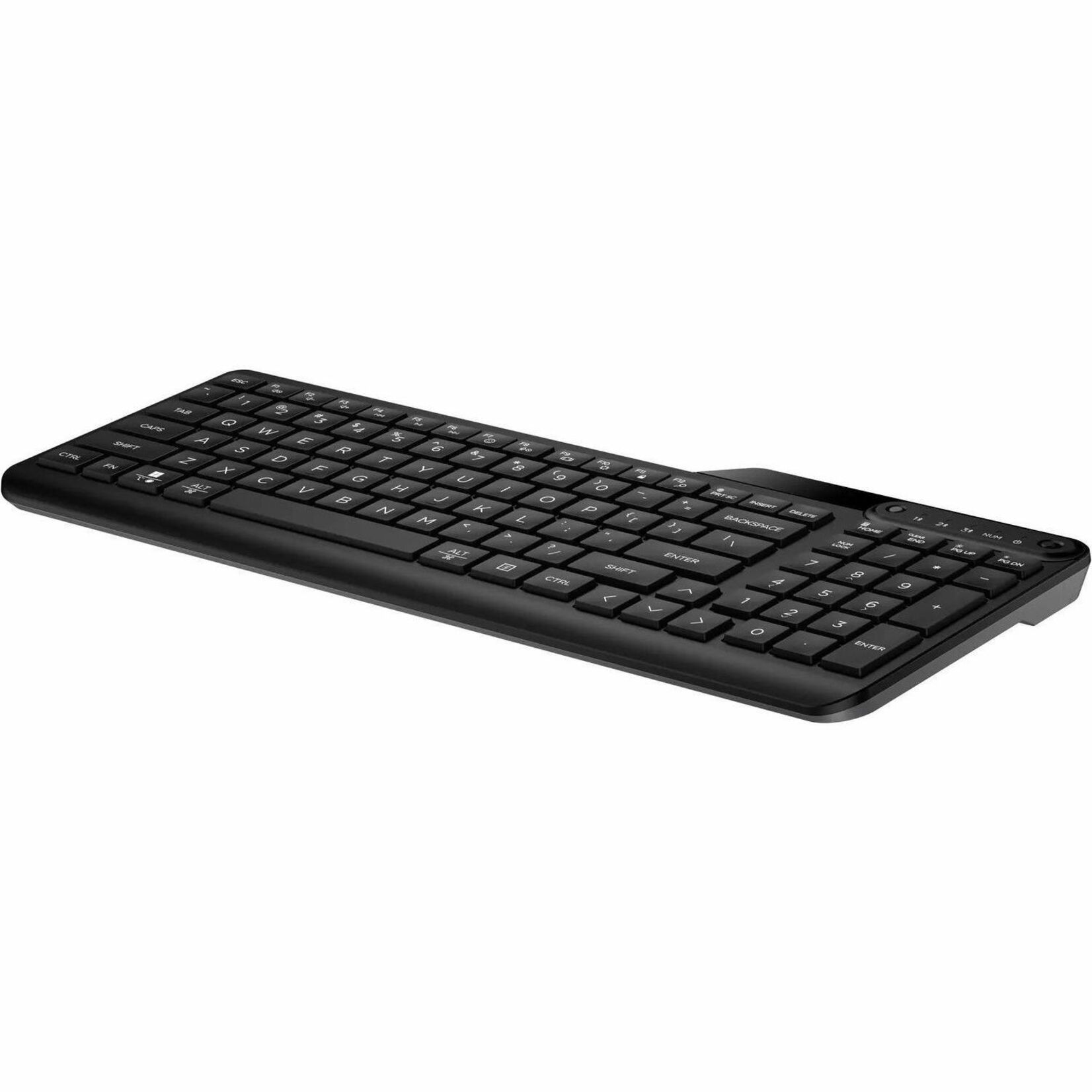 HP 460 Multi-Device Bluetooth Keyboard - Wireless Connectivity - Bluetooth - Compact - 5.3 - 32.81 ft - Microphone Mute, Emoji, Language Switch Hot Key(s) - Windows 10, Windows 11, Mac OS, ChromeOS - English (US) - Desktop Computer, Tablet, Mobile Device - PC, Mac - Recycled Plastic - Plunger Keyswitch - AAA Battery Size Supported - Jack Black — left
