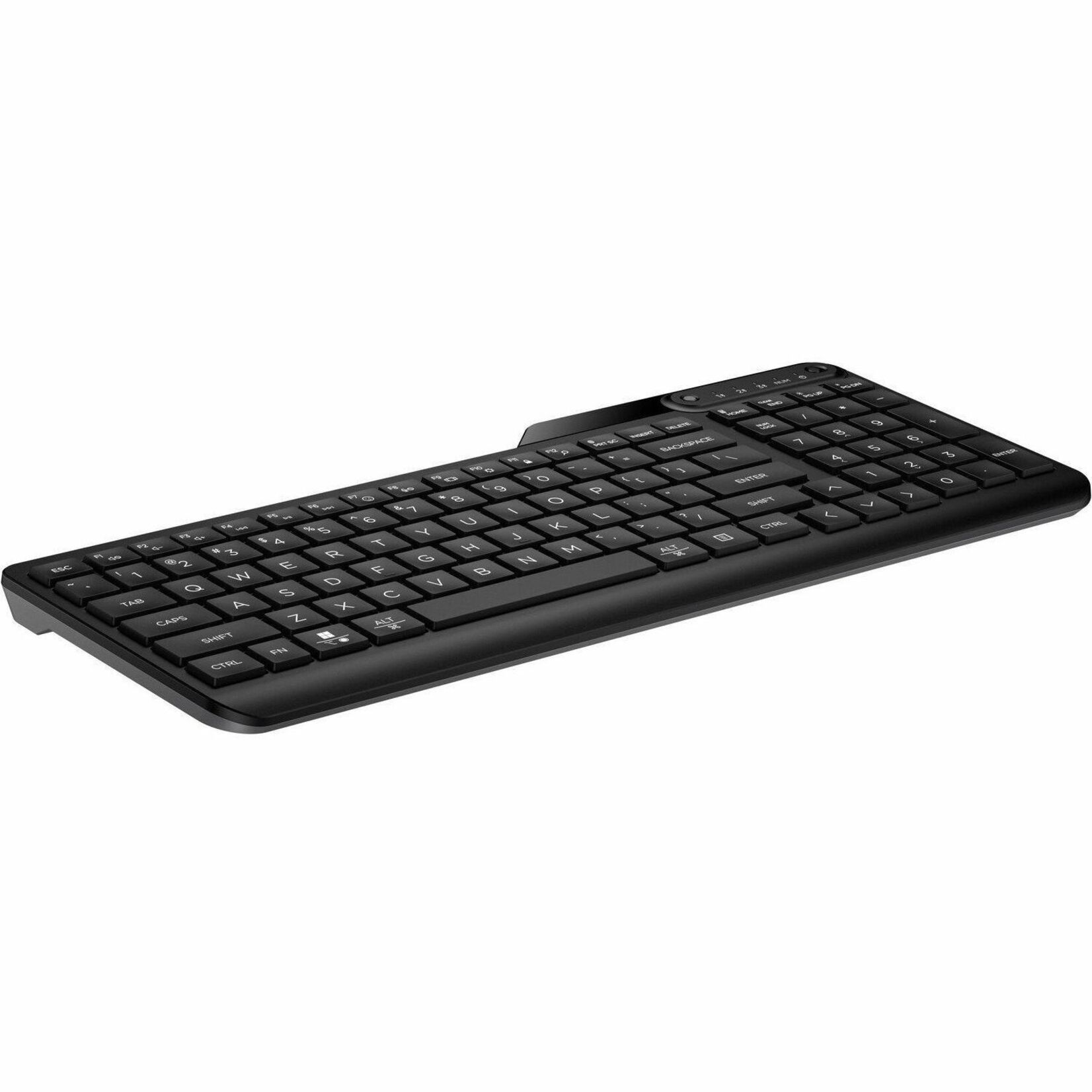 HP 460 Multi-Device Bluetooth Keyboard - Wireless Connectivity - Bluetooth - Compact - 5.3 - 32.81 ft - Microphone Mute, Emoji, Language Switch Hot Key(s) - Windows 10, Windows 11, Mac OS, ChromeOS - English (US) - Desktop Computer, Tablet, Mobile Device - PC, Mac - Recycled Plastic - Plunger Keyswitch - AAA Battery Size Supported - Jack Black
