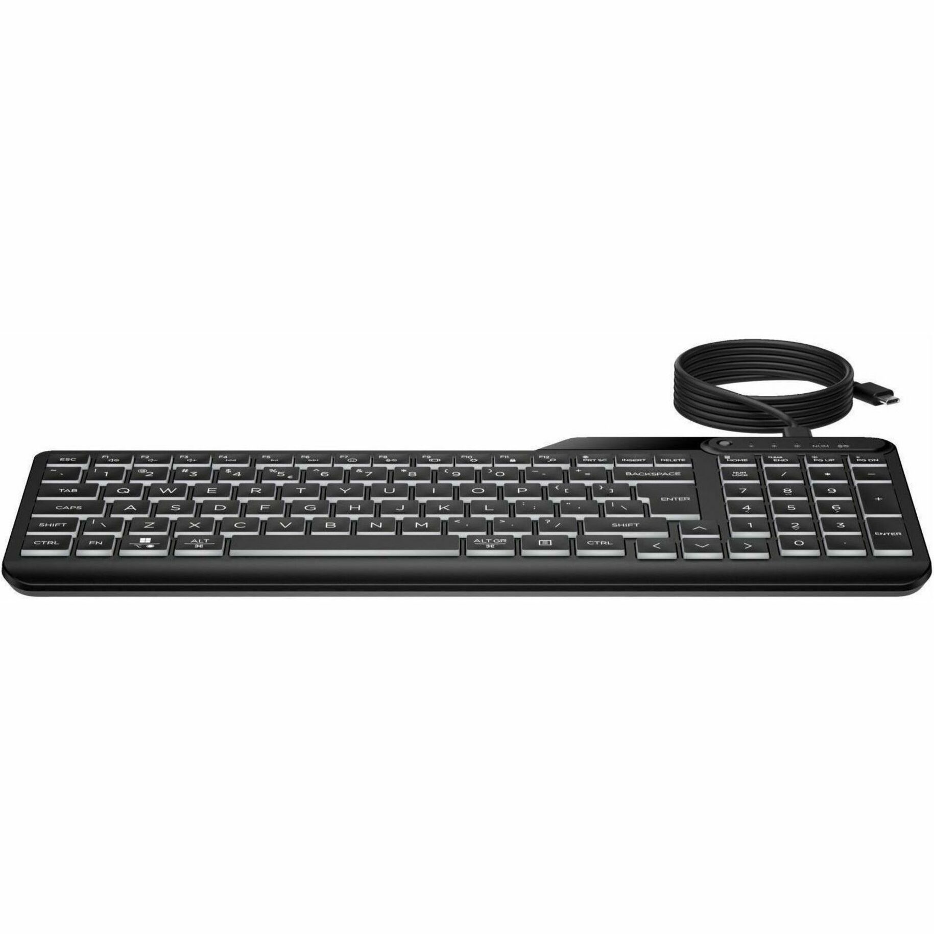 HP 400 Backlit Wired Keyboard (7N7C0AA) - Cable Connectivity - Full-size - USB Type A Interface - LED - 20 Hot Key(s) - Microphone Mute, Emoji, Language Switch Hot Key(s) - Windows 10, Windows 11, ChromeOS, Mac OS - PC, Mac - Plunger Keyswitch - Black — frontmaximum