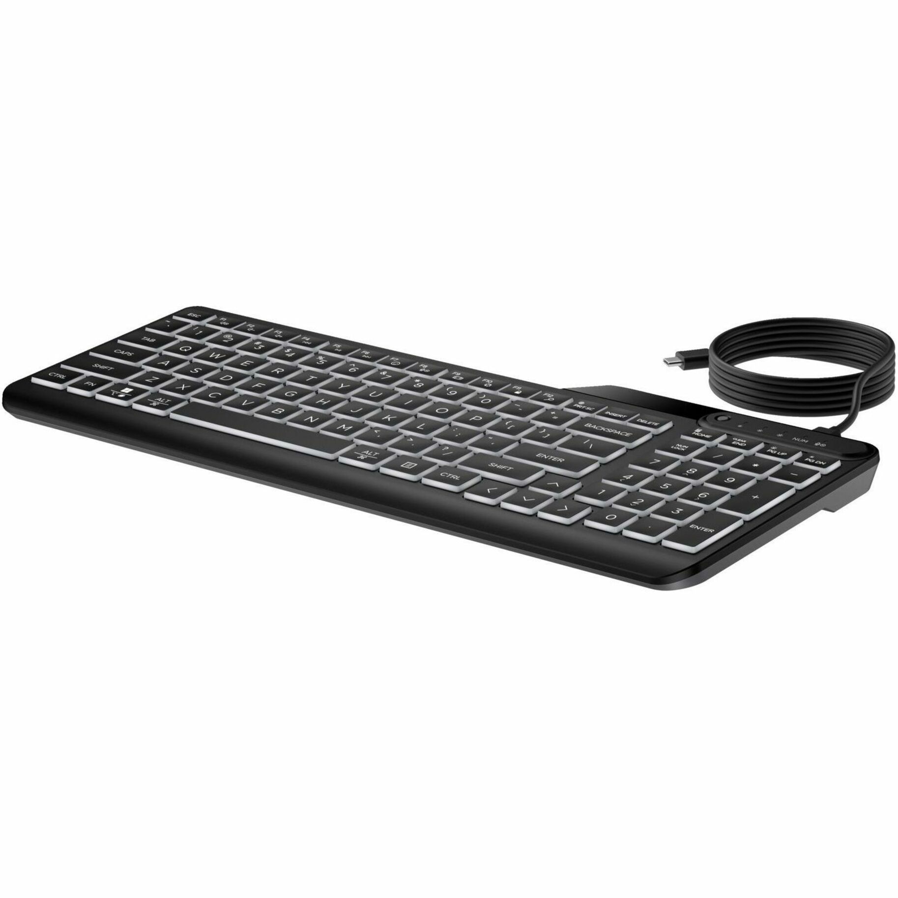 HP 400 Backlit Wired Keyboard (7N7C0AA) - Cable Connectivity - Full-size - USB Type A Interface - LED - 20 Hot Key(s) - Microphone Mute, Emoji, Language Switch Hot Key(s) - Windows 10, Windows 11, ChromeOS, Mac OS - PC, Mac - Plunger Keyswitch - Black — left