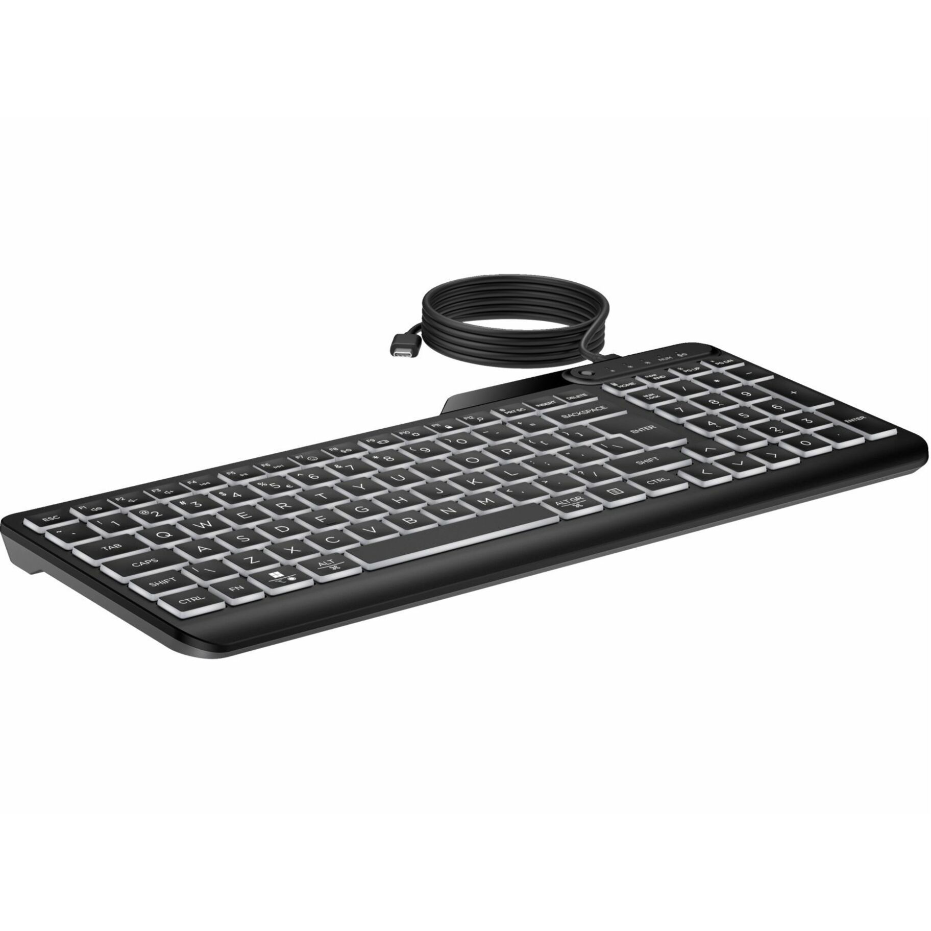 HP 400 Backlit Wired Keyboard (7N7C0AA) - Cable Connectivity - Full-size - USB Type A Interface - LED - 20 Hot Key(s) - Microphone Mute, Emoji, Language Switch Hot Key(s) - Windows 10, Windows 11, ChromeOS, Mac OS - PC, Mac - Plunger Keyswitch - Black
