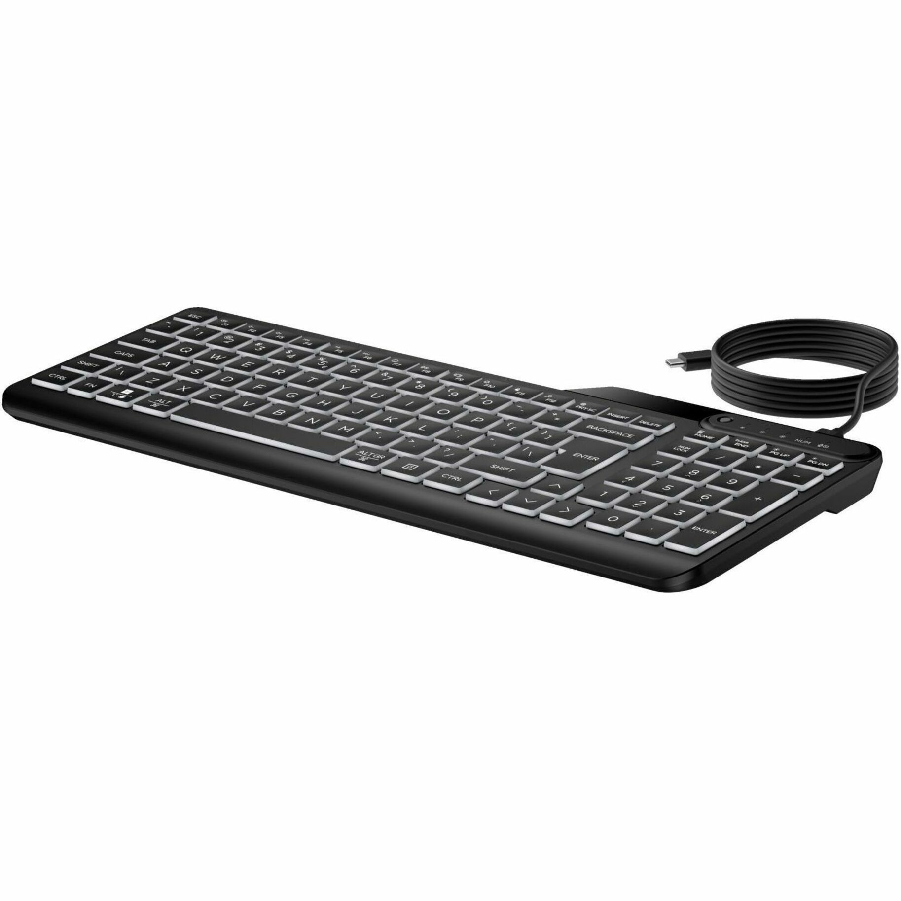 HP 405 Multi-Device Backlit Wired Keyboard (7N7C1UT) - Cable Connectivity - Compact - USB Type C, USB Type A Interface - LED - 20 Hot Key(s) - Microphone Mute, Emoji, Language Switch Hot Key(s) - Windows 11, Windows 10, macOS, ChromeOS - English - PC, Mac - Plunger Keyswitch — leftmaximum