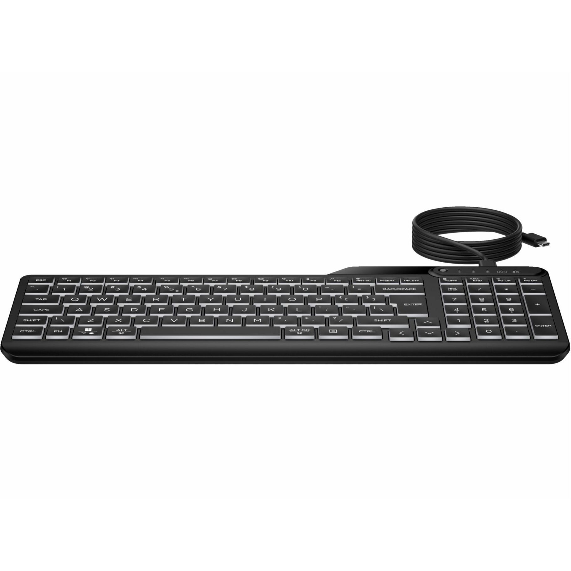 HP 405 Multi-Device Backlit Wired Keyboard (7N7C1UT) - Cable Connectivity - Compact - USB Type C, USB Type A Interface - LED - 20 Hot Key(s) - Microphone Mute, Emoji, Language Switch Hot Key(s) - Windows 11, Windows 10, macOS, ChromeOS - English - PC, Mac - Plunger Keyswitch