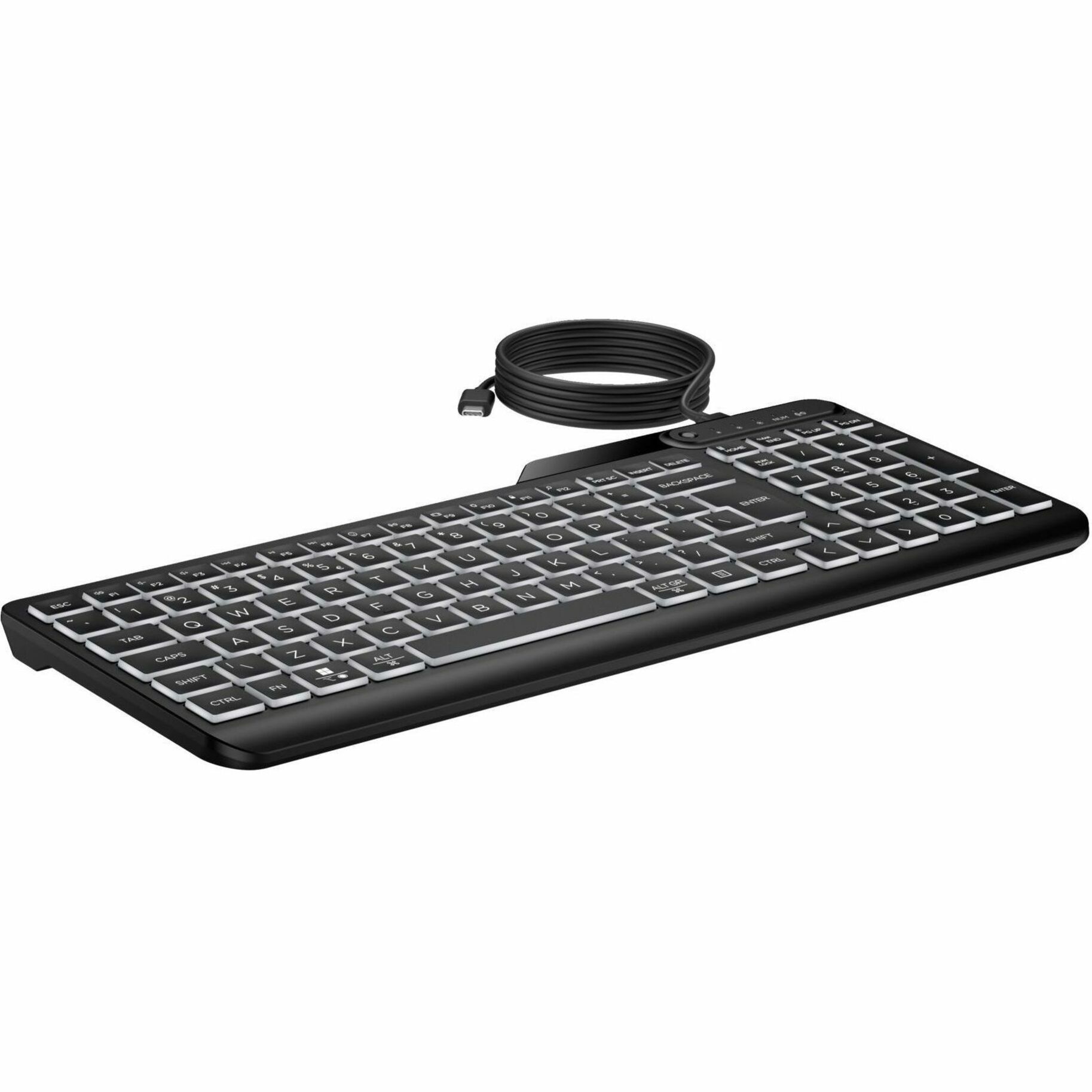 HP 405 Multi-Device Backlit Wired Keyboard (7N7C1UT) - Cable Connectivity - Compact - USB Type C, USB Type A Interface - LED - 20 Hot Key(s) - Microphone Mute, Emoji, Language Switch Hot Key(s) - Windows 11, Windows 10, macOS, ChromeOS - English - PC, Mac - Plunger Keyswitch — right