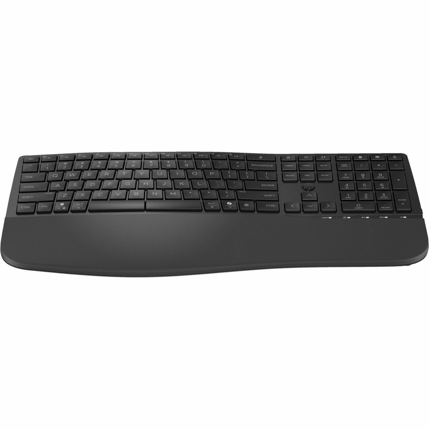 HP 685 Comfort Dual-Mode Keyboard for Business - Wireless Connectivity - Bluetooth/RF - Full-size - 32.81 ft - 2.40 GHz - USB Type A Interface - Dictation, Language Switch, CoPilot Hot Key(s) - Windows 11, Windows 10, macOS, ChromeOS - PC, Mac - Plunger Keyswitch - AA Battery Size Supported - Black — frontmaximum
