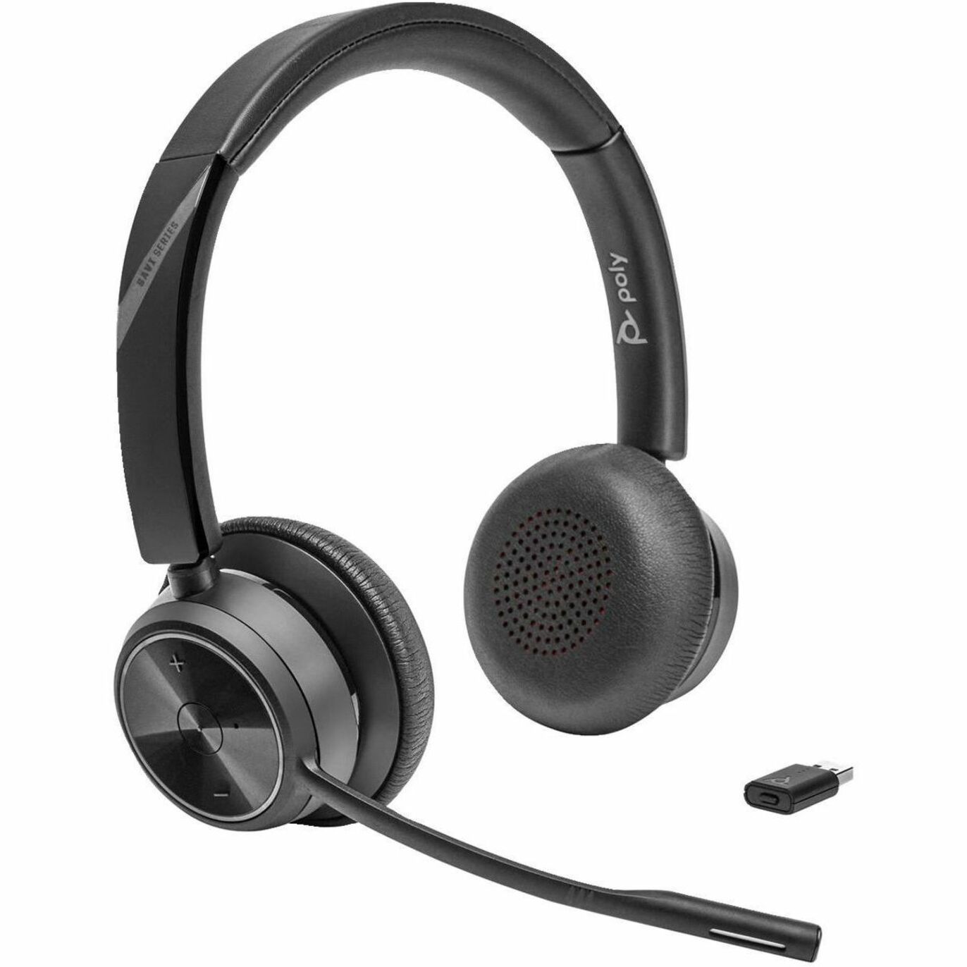 Poly Savi 7320 UC Stereo DECT 1920-1930 MHz Headset - Stereo - Wireless - DECT - 450 ft - On-ear, Over-the-head - Binaural - Supra-aural - Noise Cancelling Microphone - Noise Canceling - Black — left