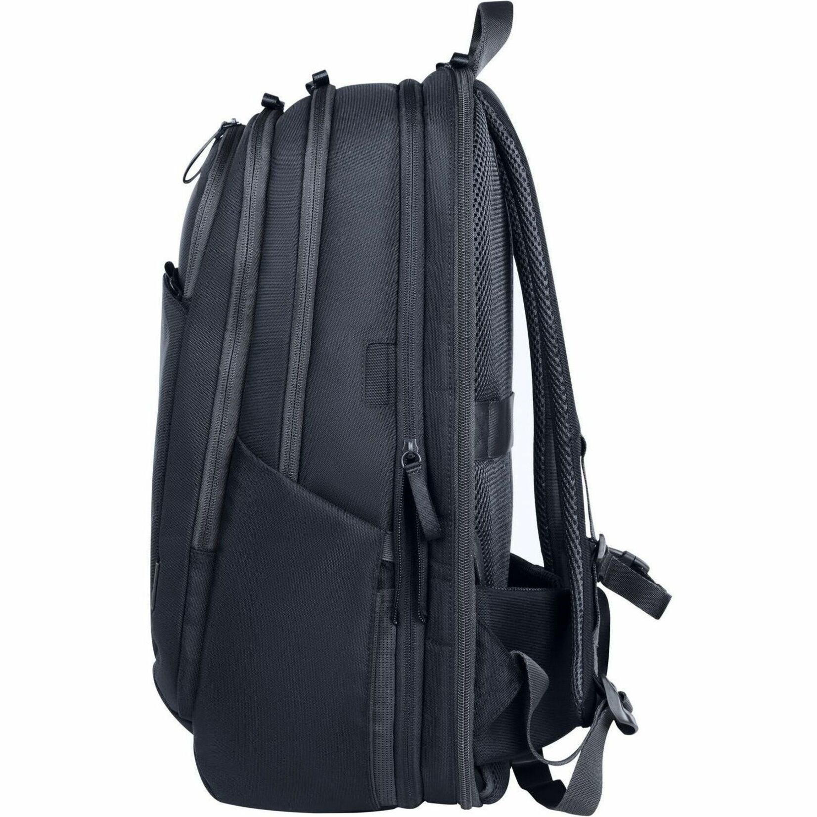 HP Travel Plus Carrying Case (Backpack) for 17" Notebook - Graphite Blue - Water Resistant, Bump Resistant, RFID Resistant, Puncture Resistant Zipper - Expanded Polyethylene Foam (EPE), Polyester, Plastic Body - Polyester Exterior Material - Checkpoint Friendly - Shoulder Strap, Waist Strap, Trolley Strap - 7.93 gal Volume Capacity — left