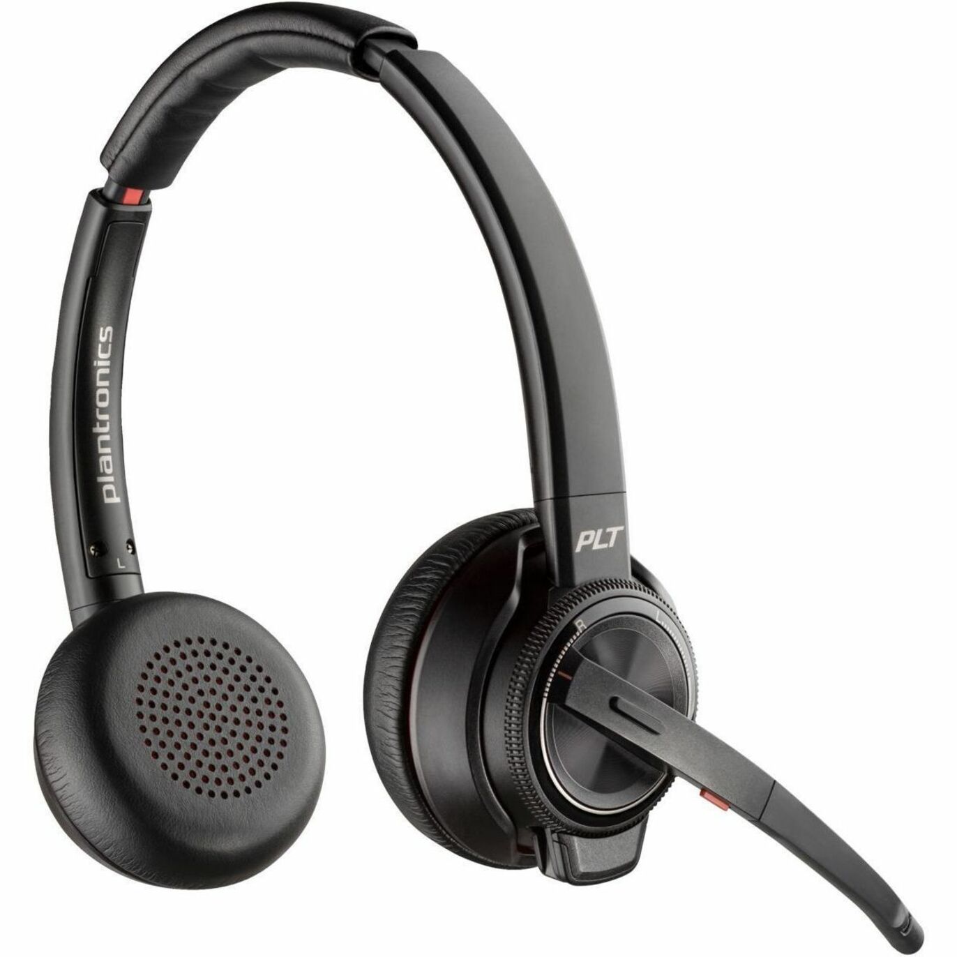Poly Savi 8220 UC DECT 1920-1930 MHz Single Ear Headset TAA - Stereo - DECT - 590.6 ft - 32 Ohm - On-ear, Over-the-head - Binaural - Supra-aural - Omni-directional, Noise Cancelling Microphone - Black - TAA Compliant — rear