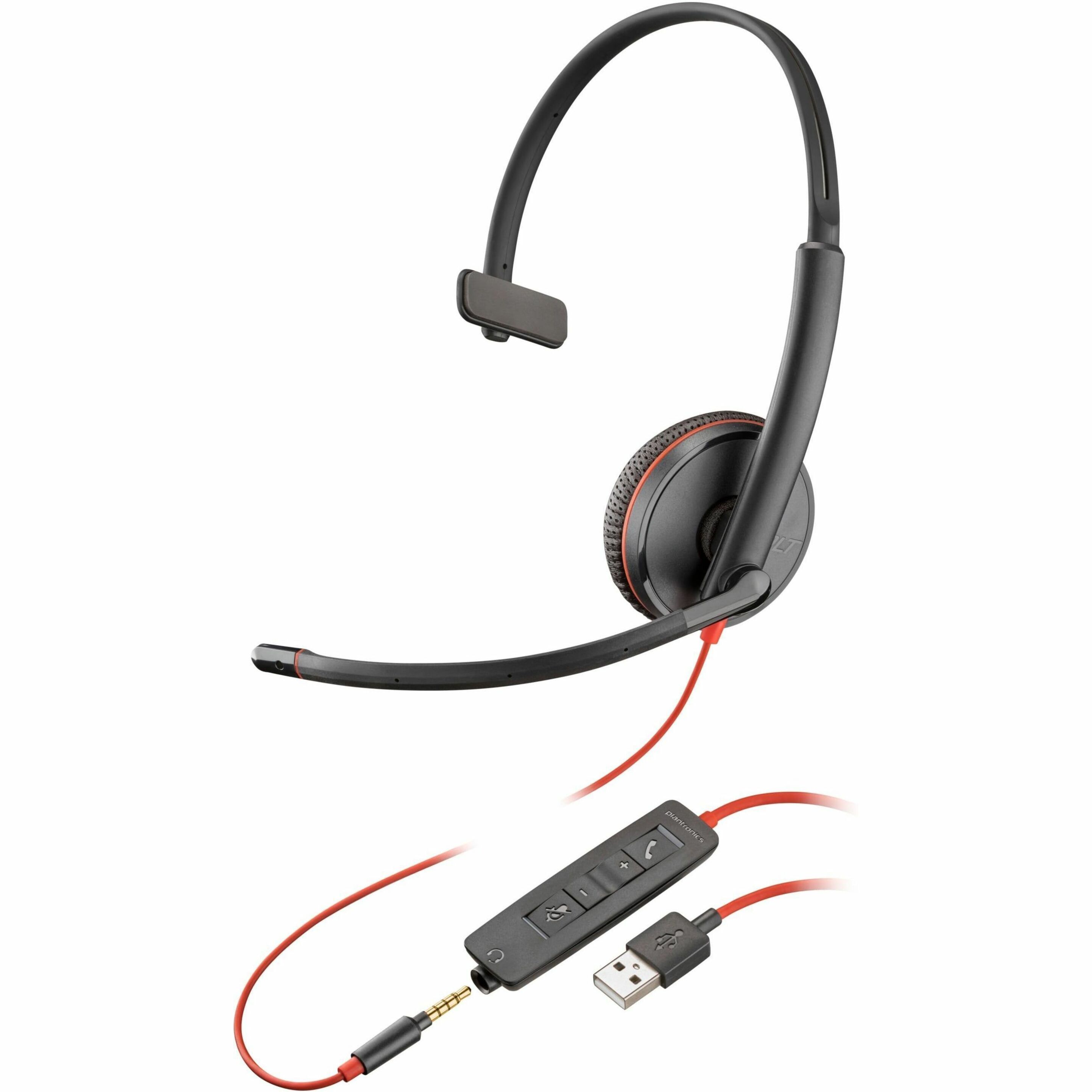 Poly Blackwire 3215 Monaural USB-A Headset TAA - Mono - USB Type A - Wired - 32 Ohm - 20 Hz to 20 kHz - Over-the-head - Monaural - Supra-aural - Noise Cancelling Microphone - Noise Canceling - Black - TAA Compliant