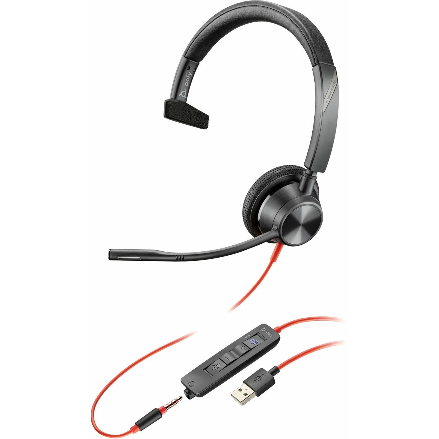 Poly Blackwire 3315 Microsoft Teams Certified USB-A Headset TAA - Microsoft Teams Certification - Mono - Mini-phone (3.5mm), USB Type A - Wired - 32 Ohm - 20 Hz to 20 kHz - On-ear, Over-the-head - Monaural - Supra-aural - 7 ft Cable - Omni-directional Microphone - Noise Canceling - Black - TAA Compliant