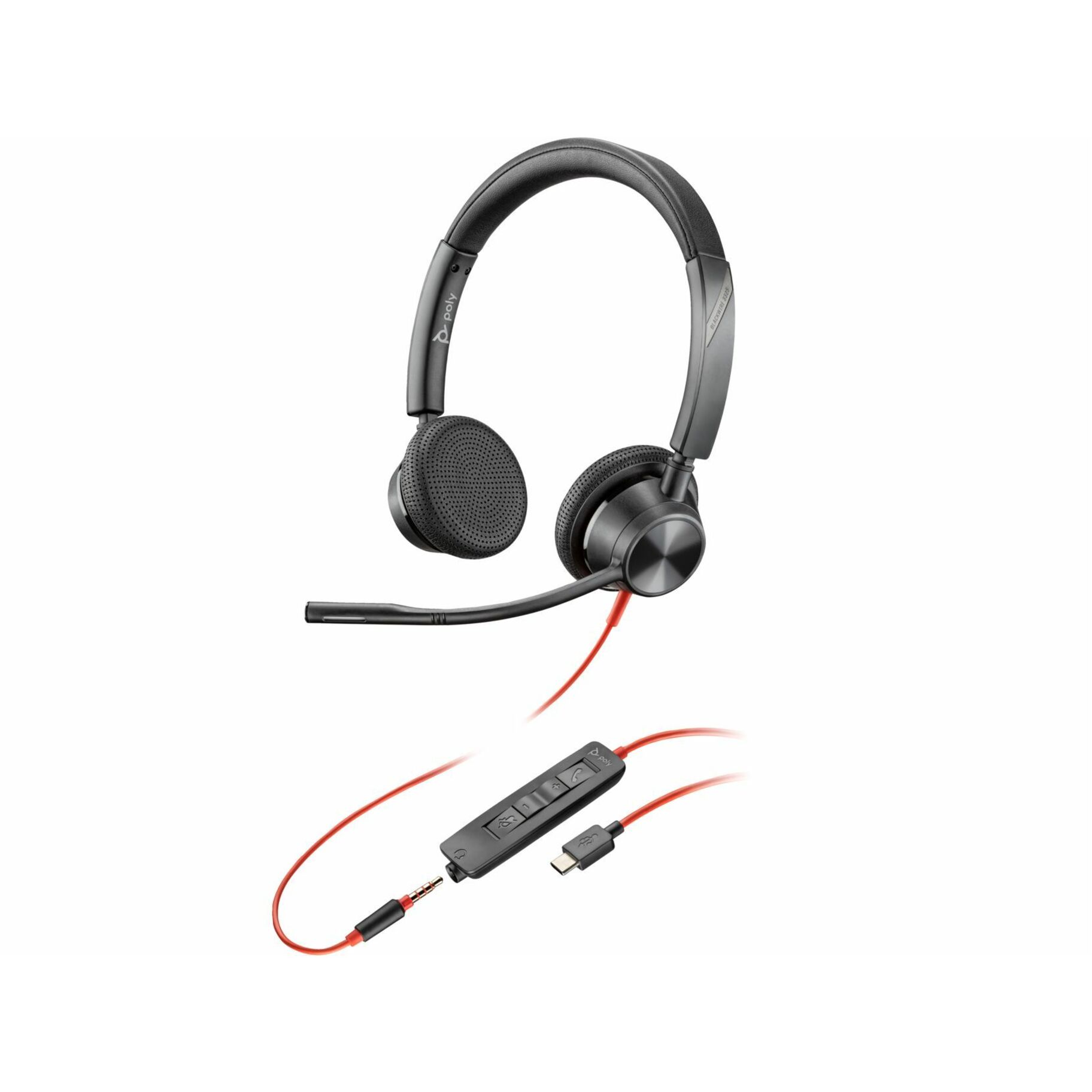 Poly Blackwire 3325 Headset +USB-C/A Adapter TAA - Stereo - USB Type C, Mini-phone (3.5mm) - Wired - 32 Ohm - 20 Hz to 20 kHz - Over-the-head, On-ear - Binaural - Supra-aural - 7 ft Cable - Omni-directional Microphone - Noise Canceling - Black - TAA Compliant