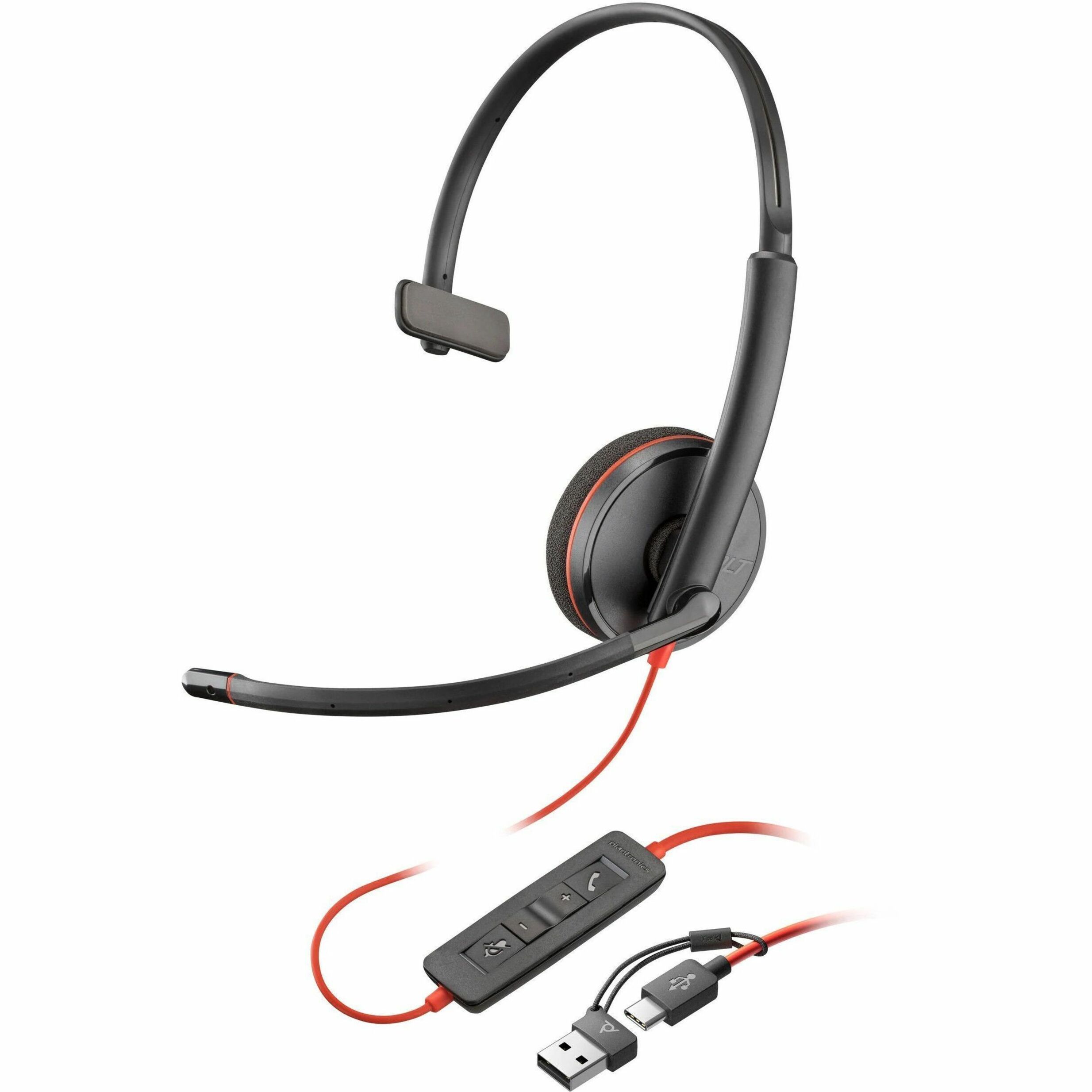 Poly Blackwire 3210 Black Headset +USB-C/A Adapter TAA (Bulk) - Mono - USB Type C, Mini-phone (3.5mm), USB - Wired - 32 Ohm - 20 Hz to 20 kHz - Over-the-head, On-ear - Monaural - Supra-aural - 5.20 ft Cable - Noise Cancelling, Omni-directional Microphone - Noise Canceling - Black - TAA Compliant