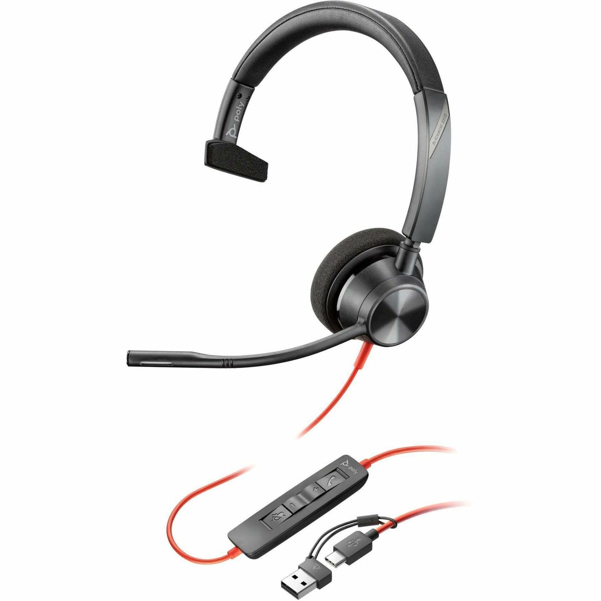 Poly Blackwire 3310 Headset +USB-C/A Adapter TAA - Mono - USB Type C, Mini-phone (3.5mm) - Wired - 32 Ohm - 20 Hz to 20 kHz - On-ear - Monaural - Ear-cup - 7.10 ft Cable - Omni-directional Microphone - Noise Canceling - Black - TAA Compliant