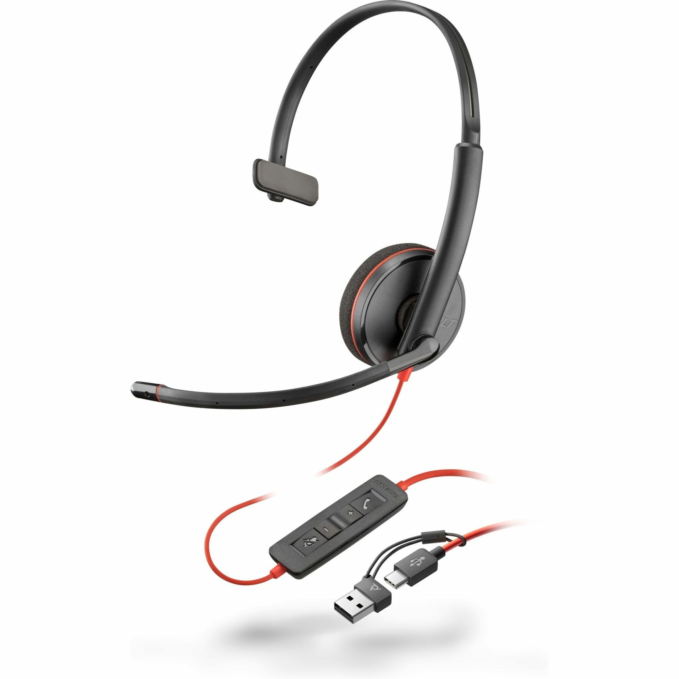 Poly Blackwire 3210 Monaural Headset +USB-C/A Adapter TAA - Mono - USB Type C - Wired - 32 Ohm - 20 Hz to 20 kHz - On-ear, Over-the-head - Monaural - Ear-cup - 5.28 ft Cable - Noise Cancelling Microphone