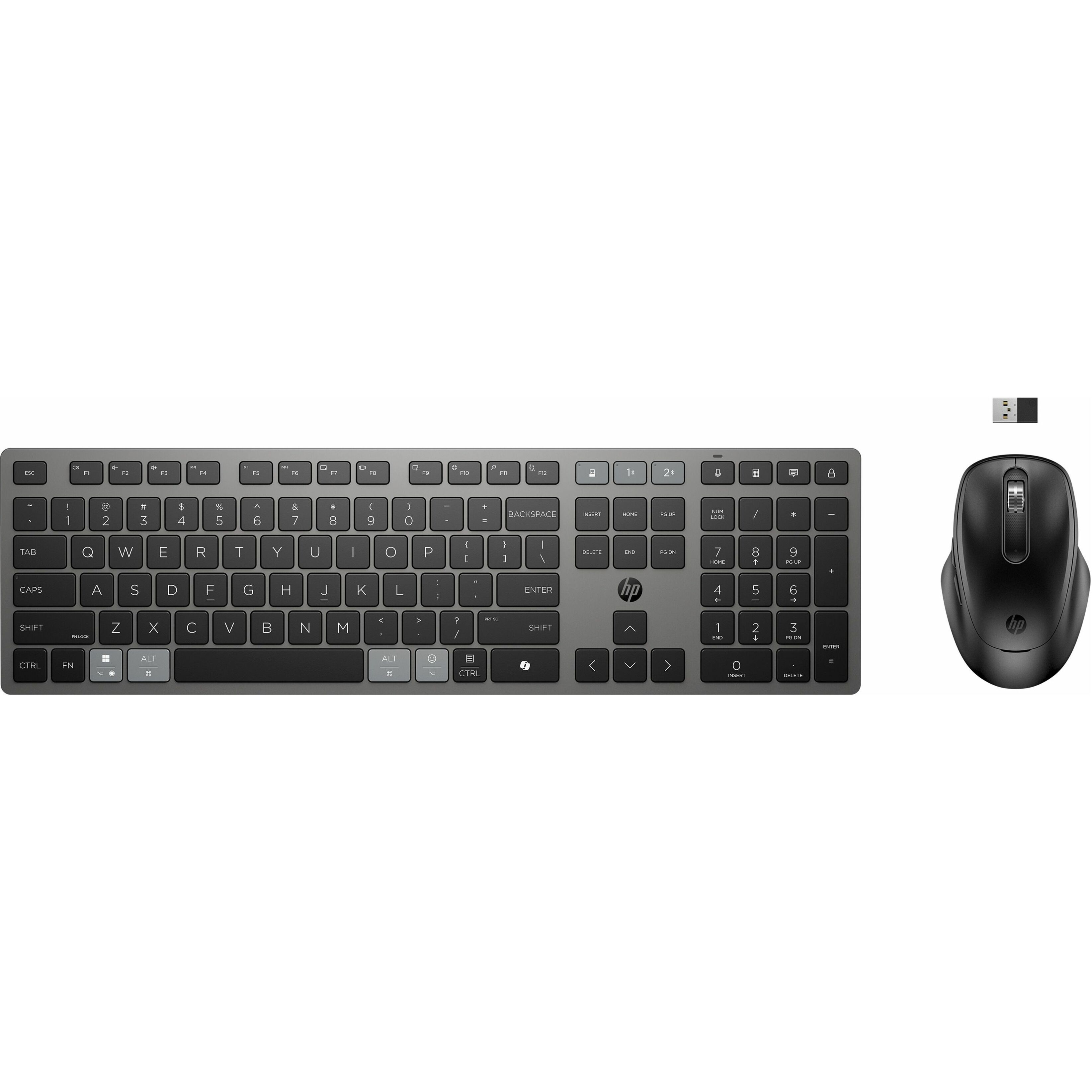 HP 725 Keyboard & Mouse - USB Type A Scissors Wireless Bluetooth/RF 2.40 GHz Keyboard - Nightfall Black - USB Type A Wireless Bluetooth/RF Mouse - Multi Surface - 4000 dpi - 5 Button - Scroll Wheel - Nightfall Black - CoPilot, Dictation, Screen Lock, Calculator, Multi-device Key Hot Key(s) - Compatible with PC, Mac