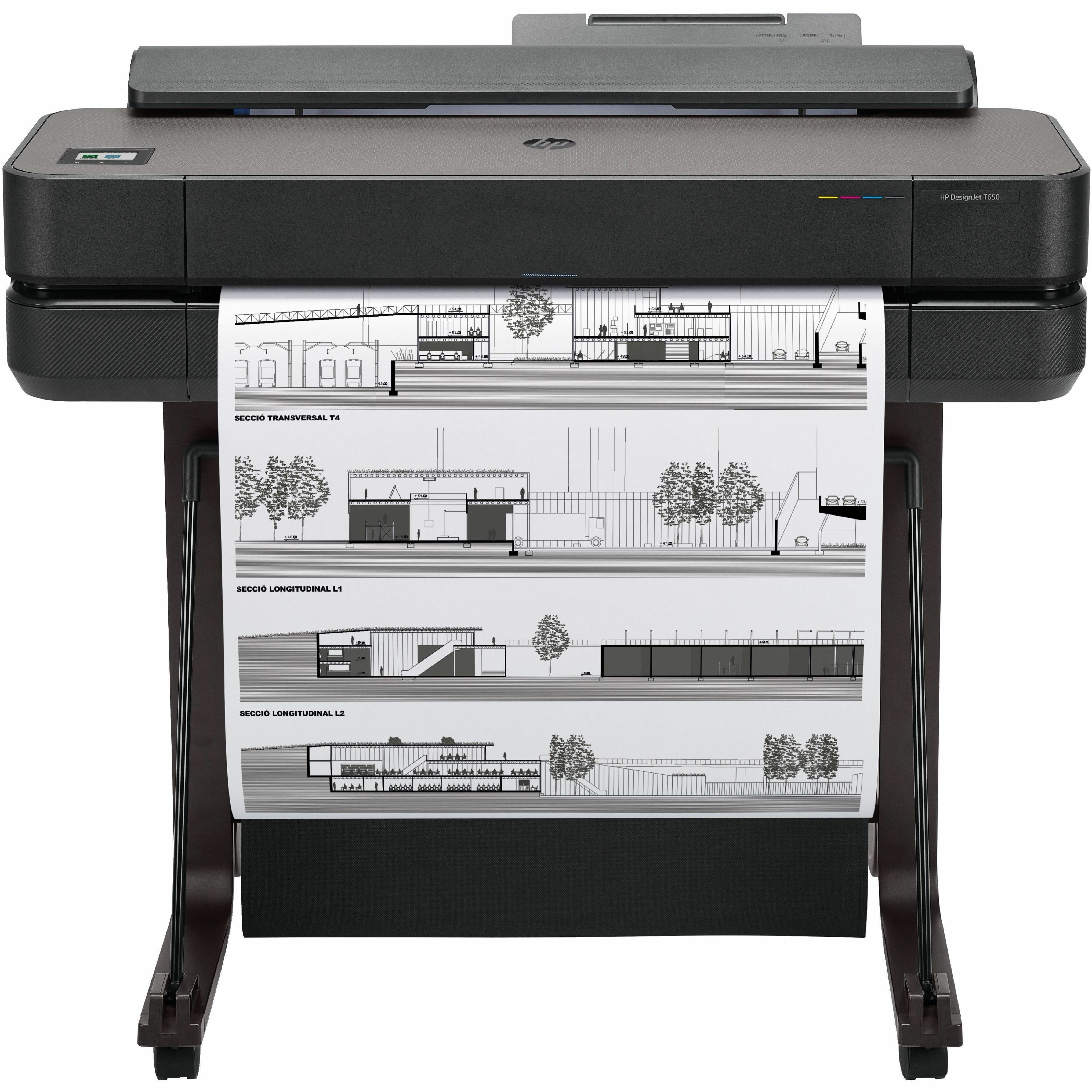 HP Designjet T650 A0 Inkjet Large Format Printer - Includes Printer - 24" Print Width - Color - TAA Compliant - 25 Second Color Speed - 2400 x 1200 dpi - 1 GB - USB - Ethernet - Wireless LAN - Wi-Fi Direct - Printer Stand Included — front