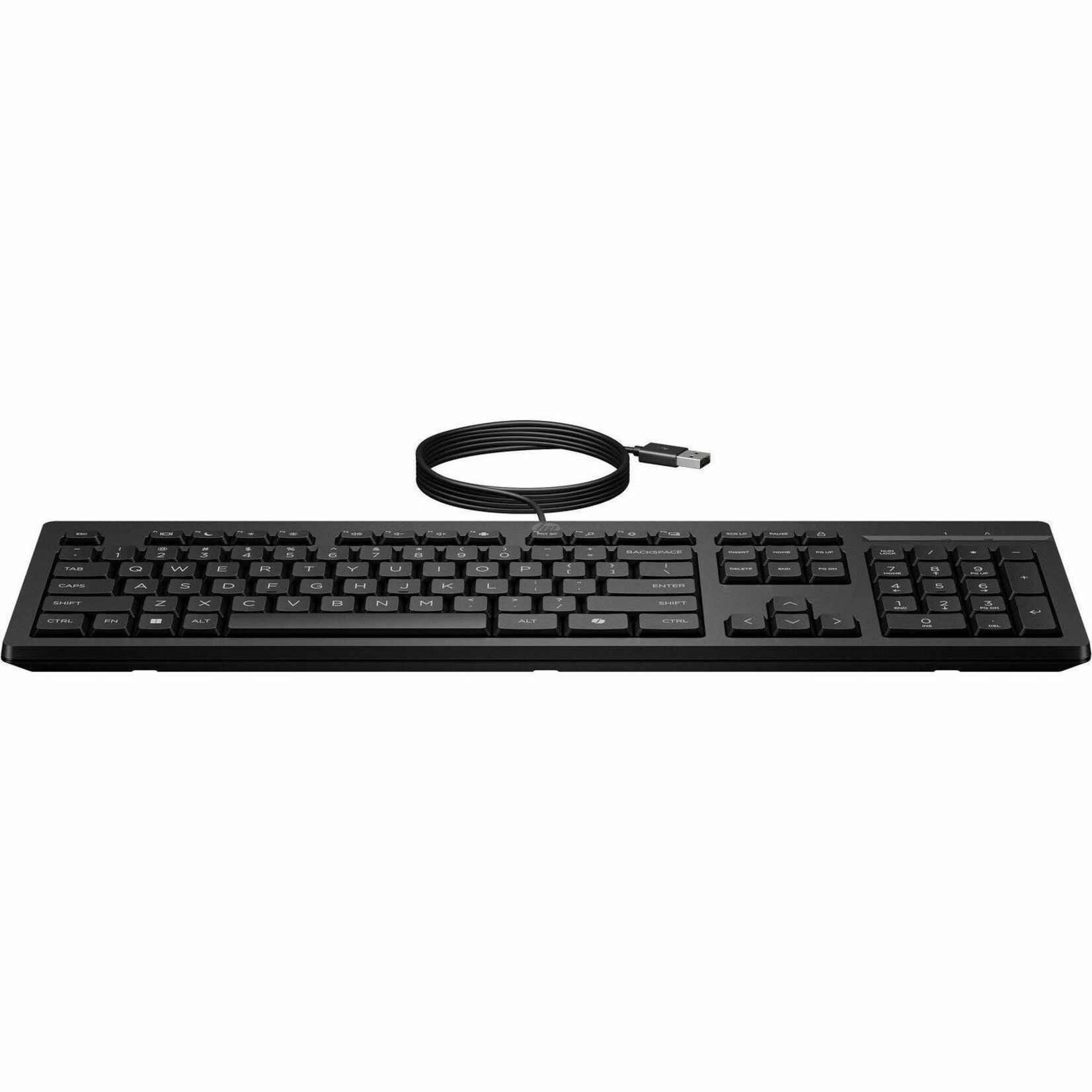 HP 125 Wired Keyboard - Cable Connectivity - Full-size - USB Type A Interface - CoPilot Hot Key(s) - Windows 11, Windows 10 - PC - Recycled Plastic - Plunger Keyswitch - Black — front