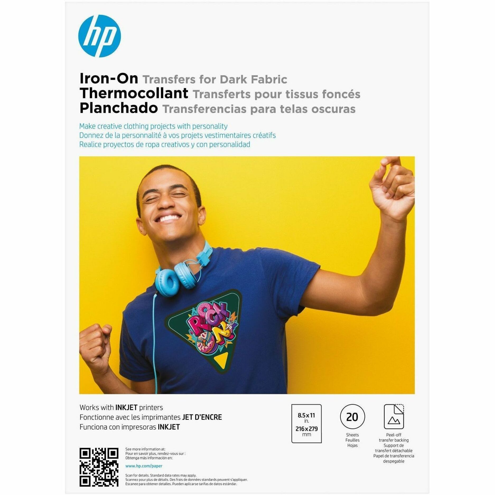 HP Iron-On Transfers for Dark Fabric 8.5 x 11 in. (216 x 279 mm) 20 sheets - Letter - 8 1/2" x 11" - Easy Peel - 20 Sheets - 1 Unit — alternate image1