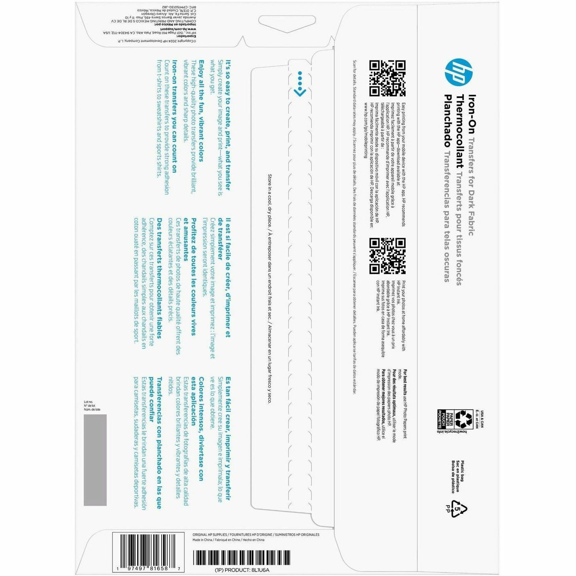 HP Iron-On Transfers for Dark Fabric 8.5 x 11 in. (216 x 279 mm) 20 sheets - Letter - 8 1/2" x 11" - Easy Peel - 20 Sheets - 1 Unit — alternate image2