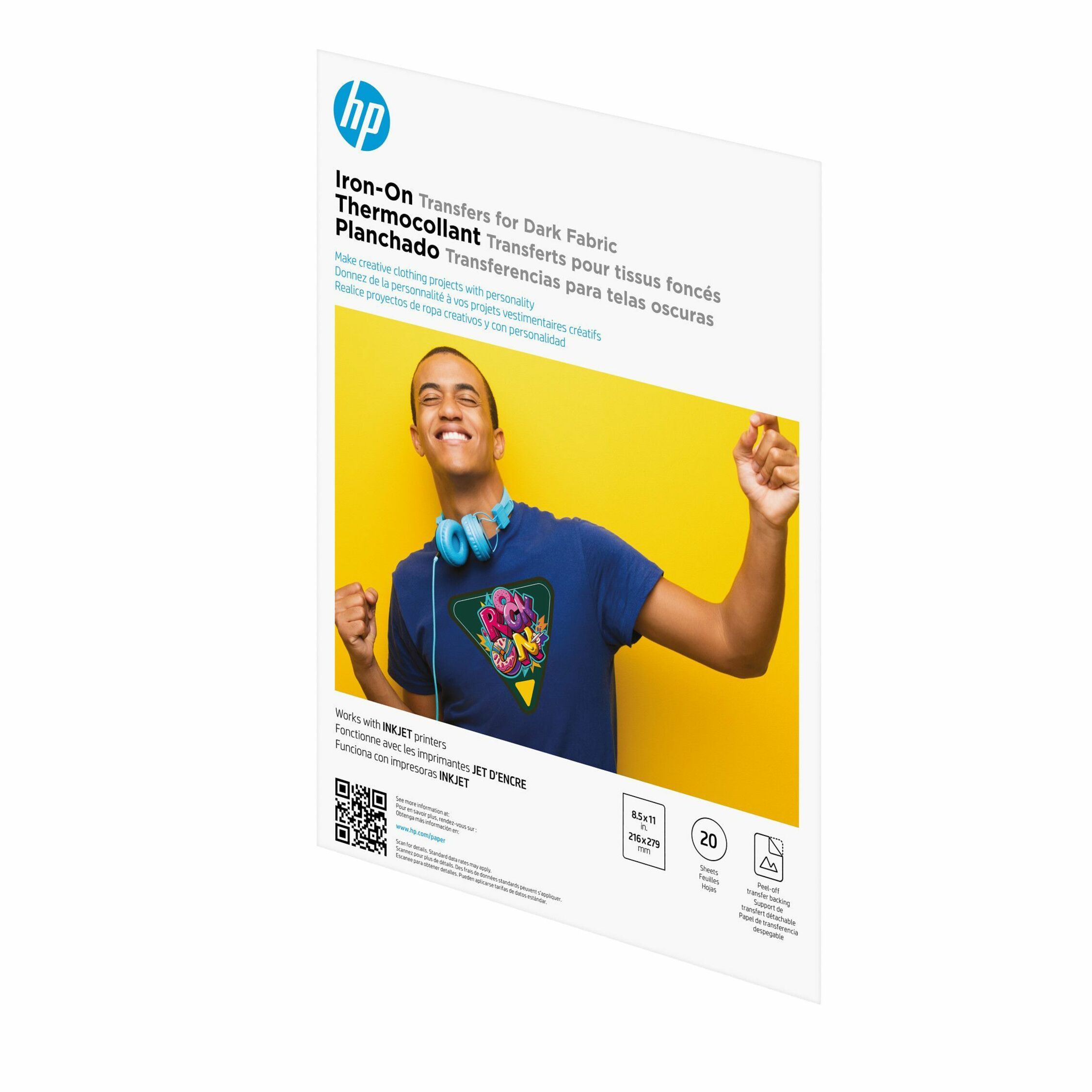 HP Iron-On Transfers for Dark Fabric 8.5 x 11 in. (216 x 279 mm) 20 sheets - Letter - 8 1/2" x 11" - Easy Peel - 20 Sheets - 1 Unit