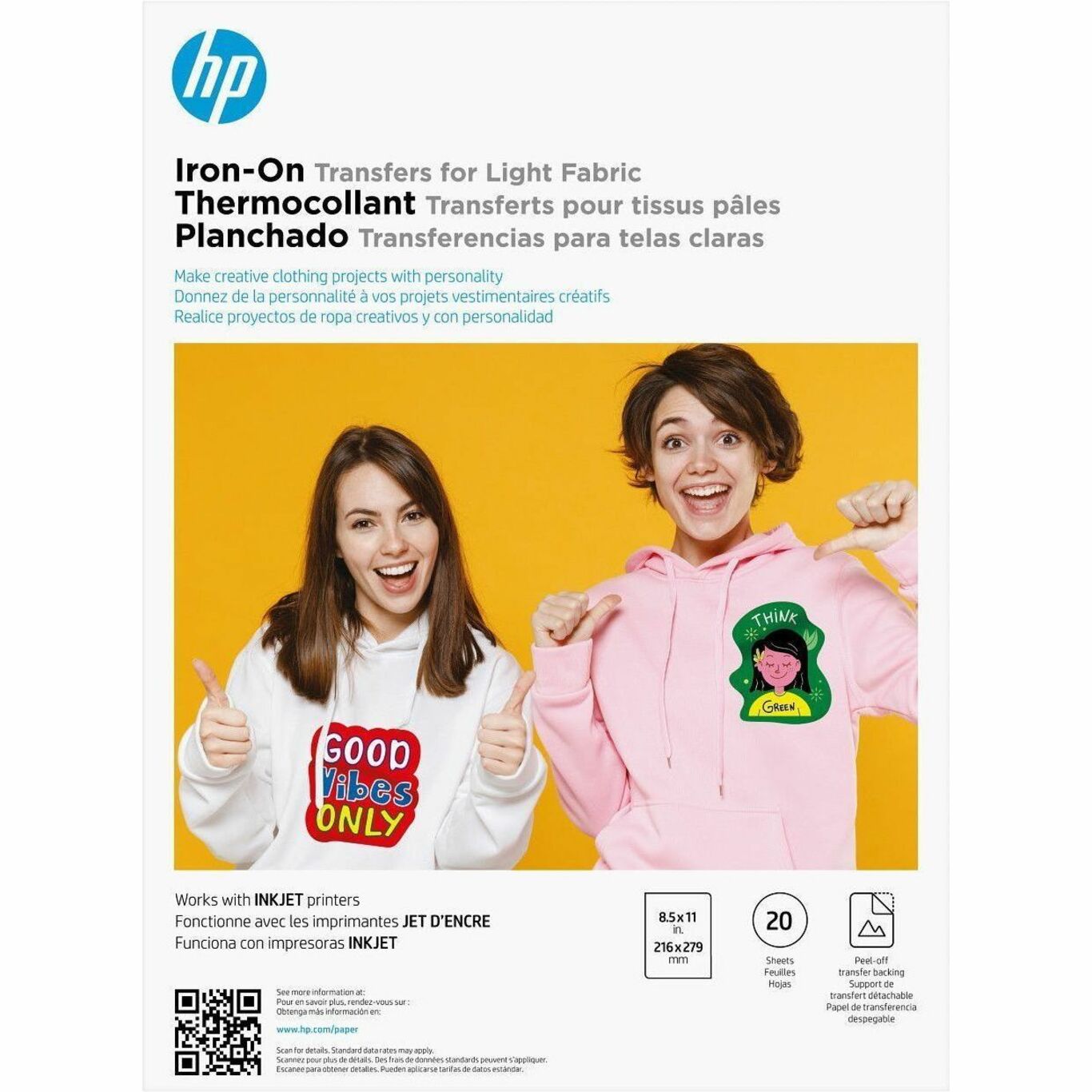 HP Iron-On Transfers for Light Fabric 8.5 x 11 in. (216 x 279 mm) 20 sheets - Letter - 8 1/2" x 11" - Easy Peel - 20 Sheets - 1 Unit — alternate image1