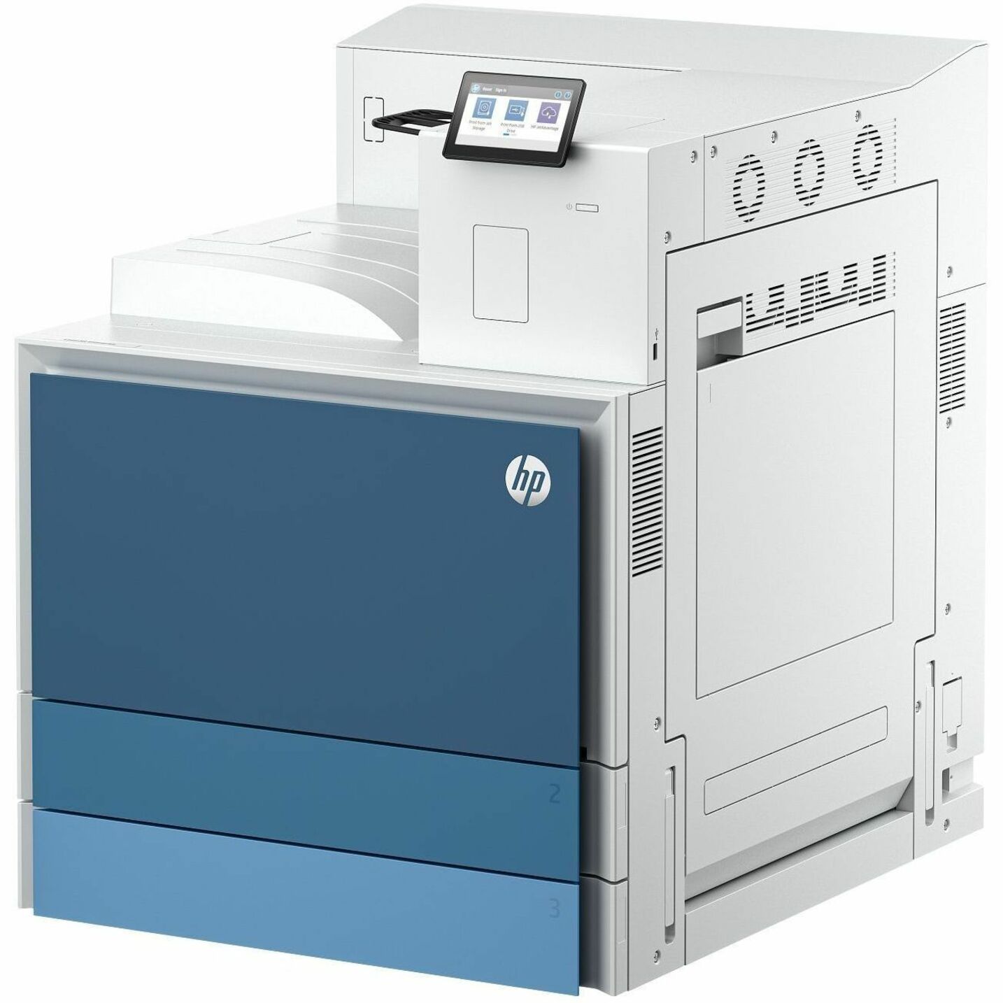 HP LaserJet Enterprise 8501dn Wired/Wireless Laser Printer - Monochrome - 70 ppm Mono - 1200 x 1200 dpi Print - Automatic Duplex Print - 2180 Sheets Input - Ethernet - Apple AirPrint, Mopria, Wi-Fi Direct - 250000 Pages Duty Cycle - Plain Paper Print - Gigabit Ethernet - USB — left