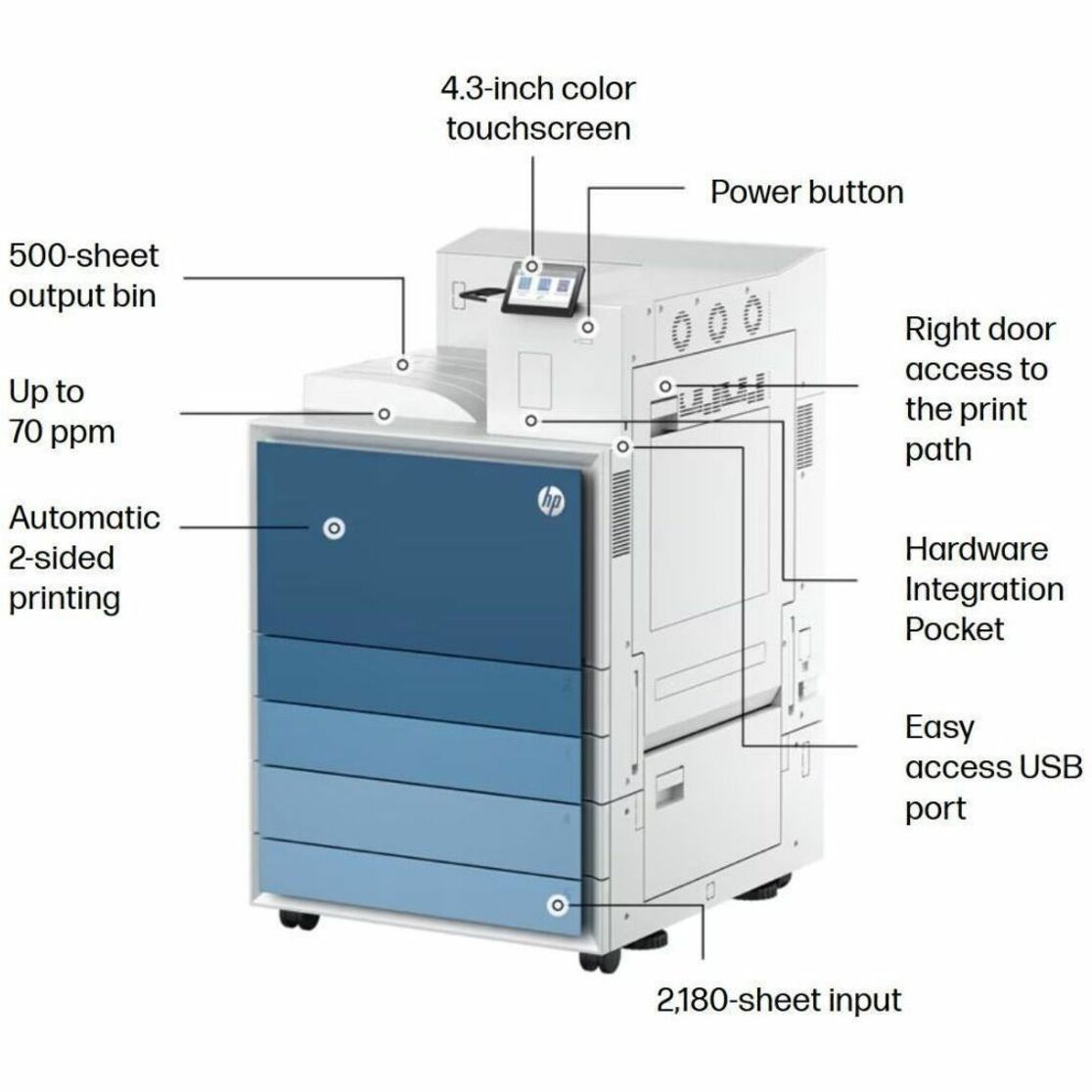 HP LaserJet Enterprise 8501x Wired/Wireless Laser Printer - Monochrome - 70 ppm Mono - 1200 x 1200 dpi Print - Automatic Duplex Print - 2180 Sheets Input - Ethernet - Apple AirPrint, Mopria, Wi-Fi Direct - 250000 Pages Duty Cycle - Plain Paper Print - Gigabit Ethernet - USB — alternate image1