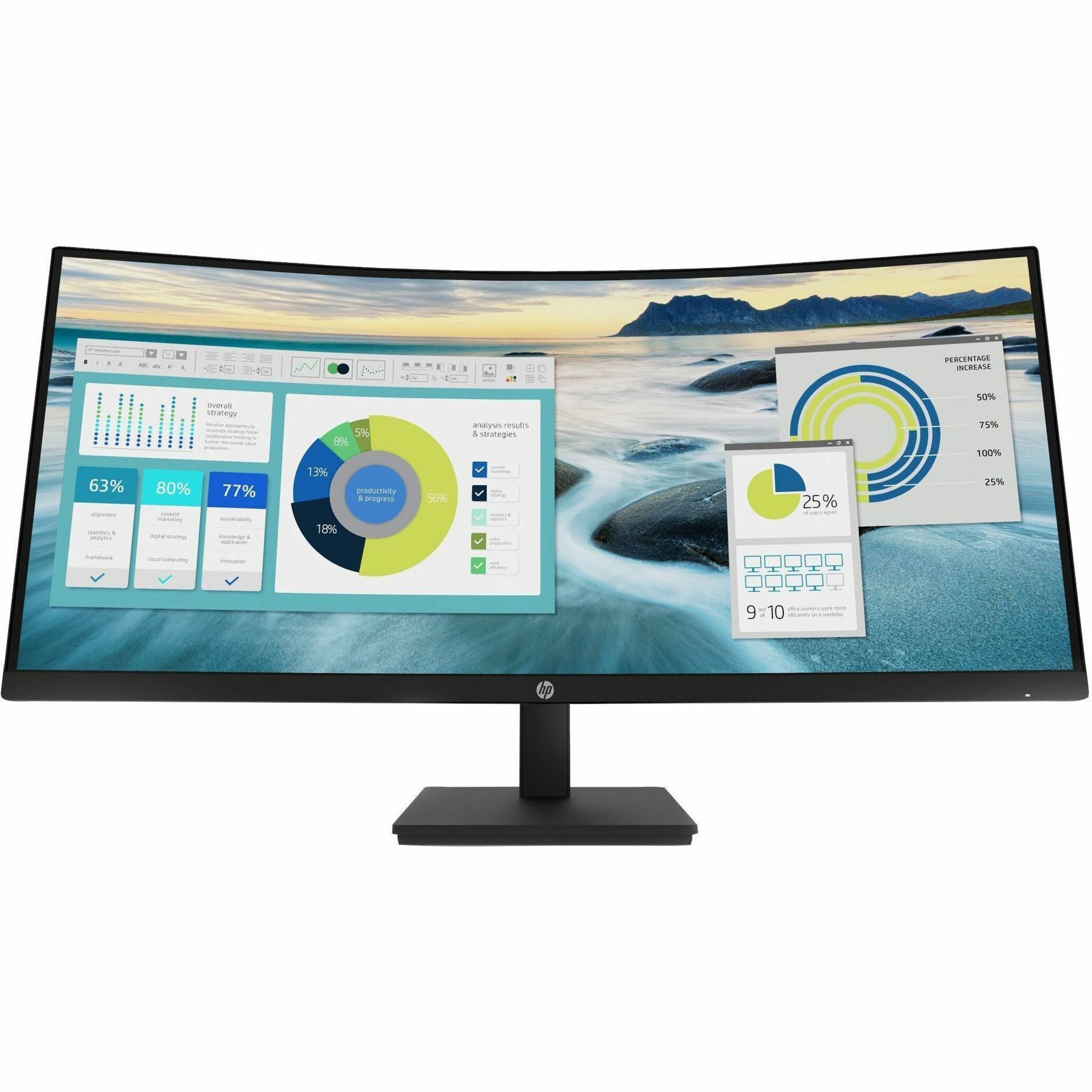 HP P34hc G4 34" Class WQHD Curved Screen LED Monitor - 21:9 - Black - 34" Viewable - Vertical Alignment (VA) - Edge LED Backlight - 3440 x 1440 - 16.7 Million Colors - 250 Nit - 5 ms - 100 Hz Refresh Rate - Speakers - Height, Tilt - USB Type-C - HDMI - DisplayPort - VESA Mount Compatible - USB Hub — front