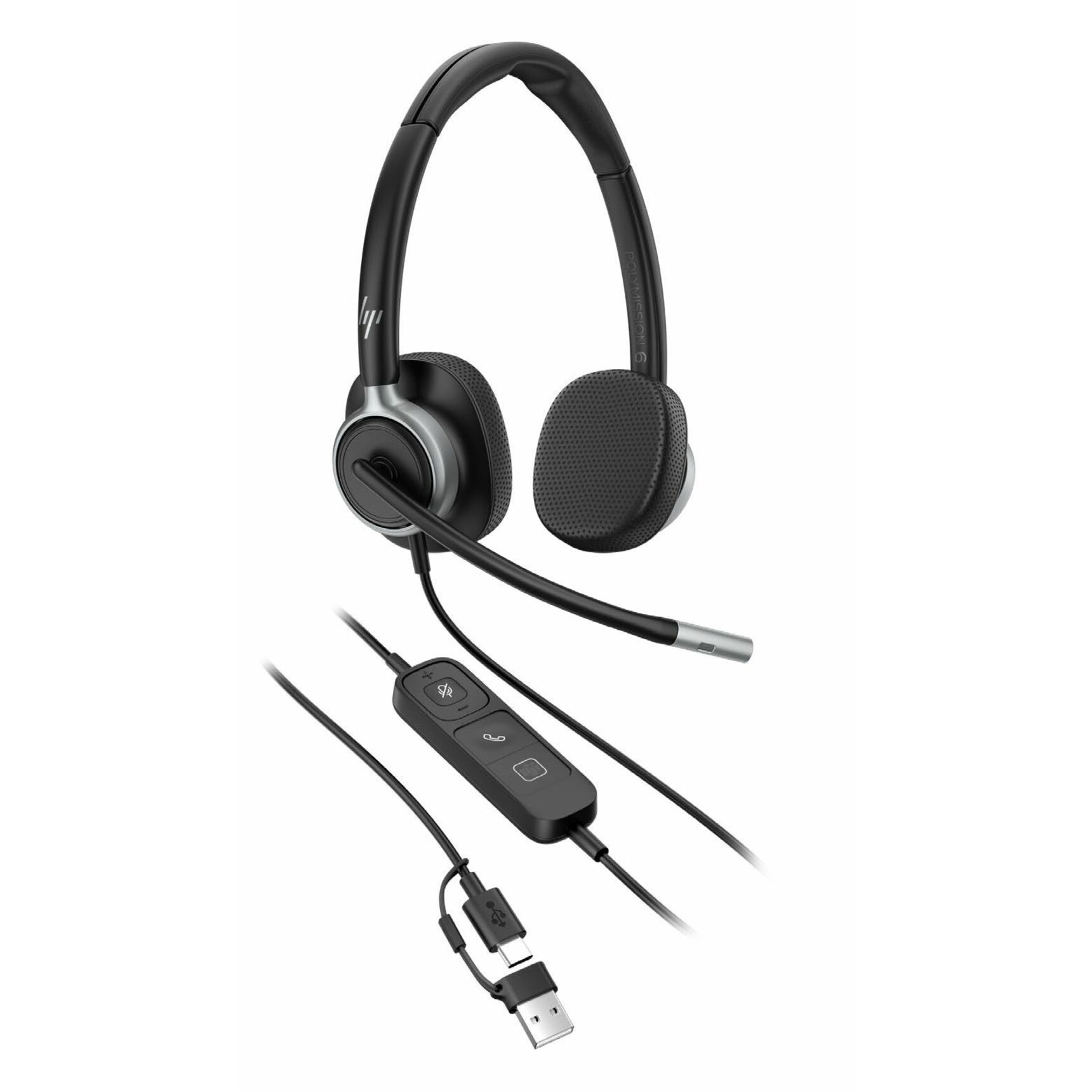 Poly Mission 625 Stereo USB Wired Headset (Bulk) (C01C6A6) - Microsoft Teams Certification - Stereo - USB, USB Type C, USB Type A - Wired - Over-the-head, On-ear - Binaural - Supra-aural - 6.56 ft Cable - Noise Cancelling, Noise Reduction Microphone - Noise Canceling - Black