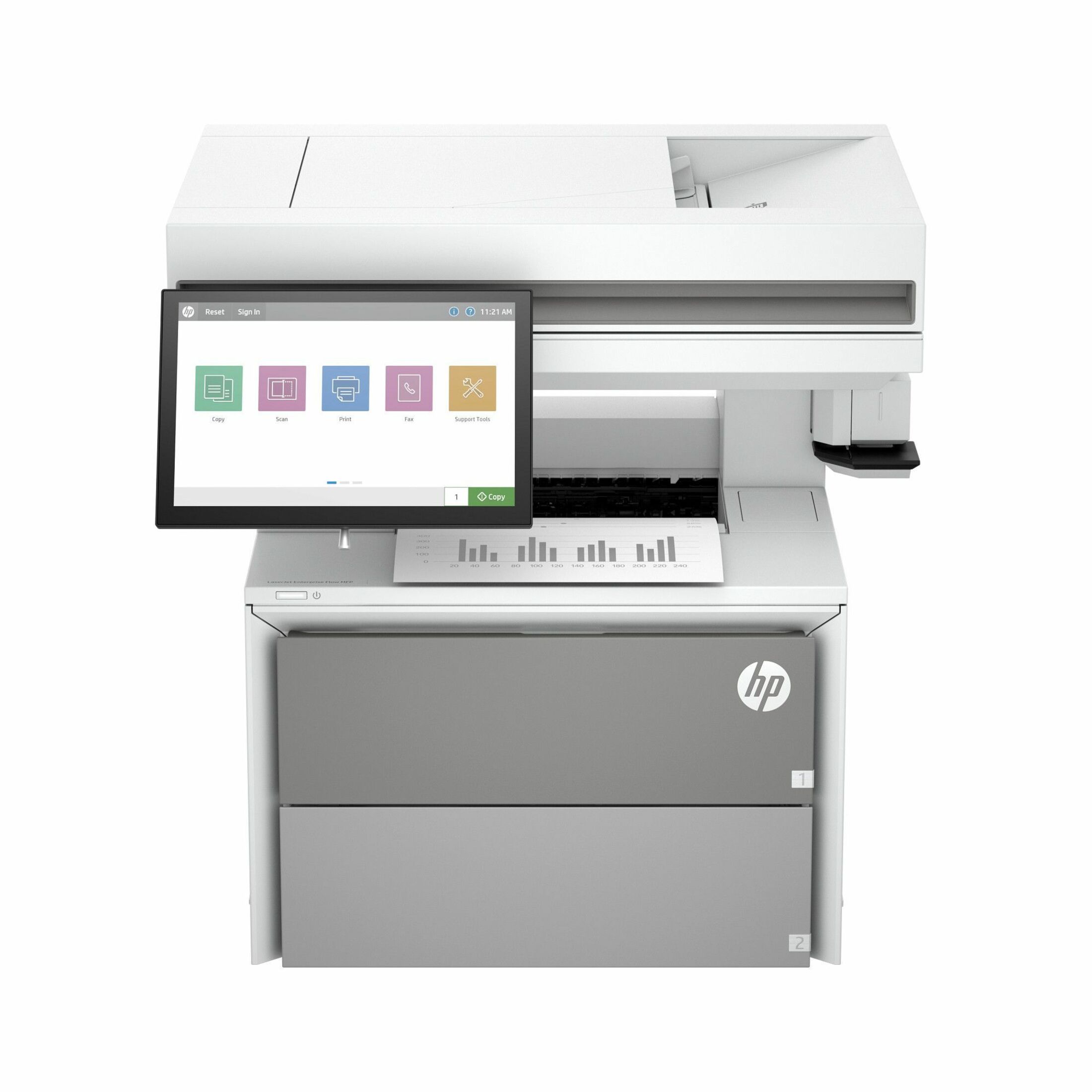 HP LaserJet Enterprise 5602zfw Wired Laser Multifunction Printer - Monochrome - Copier/Fax/Printer/Scanner - 76 ppm Mono Print - 1200 x 1200 dpi Print - Automatic Duplex Print - Up to 149999 Pages Monthly - Color CIS, Flatbed, ADF Scanner - 600 dpi Optical Scan - Monochrome Fax - Gigabit Ethernet - Apple AirPrint, Mopria, Microsoft Universal Print - USB